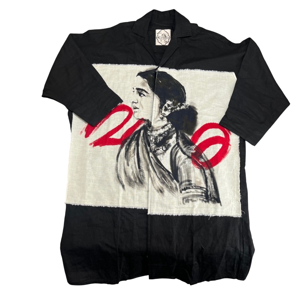 House of Urmi ‎ women's shirt dress OS Black Portrait Patch Art Malabar